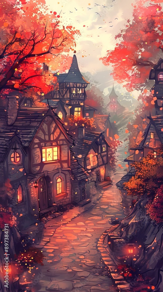 Obraz premium A watercolor illustration of an autumn evening in a charming village with colorful leaves and cozy houses. Concept of autumn scenery, village life, seasonal change, and picturesque landscape. Vertical