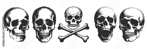 skull head y2k halftone 90s Retro grunge grain effect and stippling vector dots textured realistic illustration 