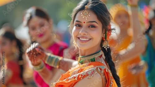 Smiling Woman in Orange Sari During Indian Festival Celebration © zainab