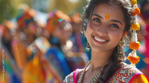 Smiling Woman Dressed in Traditional Indian Attire at a Festive Gathering