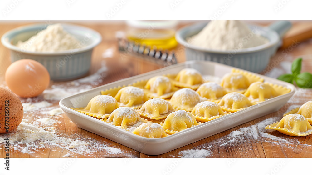 Ravioli and Pasta Cooking Scene with Flour and Eggs on Wooden Table. Fresh Homemade Ravioli Ready for Cooking Culinary Preparation with Ingredients for Delicious Italian Meal Ravioli and Pasta Cooking Scene with Flour and Eggs on Wooden Table. Fresh Homemade Ravioli Ready for Cooking Culinary Preparation with Ingredients for Delicious Italian Meal