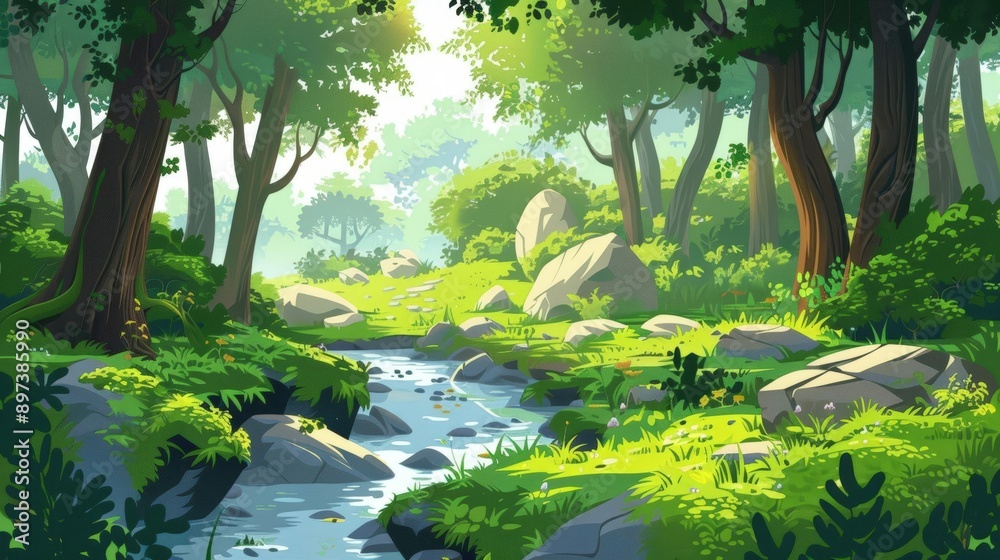 A cute cartoon Style ofA serene forest with a winding path, tall trees, and dappled sunlight A cute cartoon Style ofA serene forest with a winding path, tall trees, and dappled sunlight
