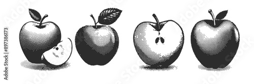apple set halftone 90s Retro grunge grain effect and stippling vector dots textured realistic illustration 