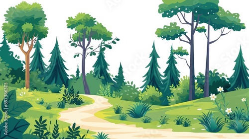 A cute cartoon Style ofA serene forest with a winding path, tall trees, and dappled sunlight photo