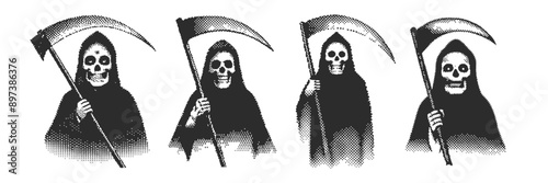 grim reaper y2k set halftone 90s Retro grunge grain effect and stippling vector dots textured realistic illustration 