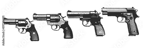 piston gun set y2k halftone 90s Retro grunge grain effect and stippling vector dots textured realistic illustration 