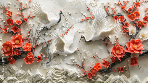 Abstract Japanese wall art with 3D cherry blossoms and cranes, Japanese 3D background, cultural elegance