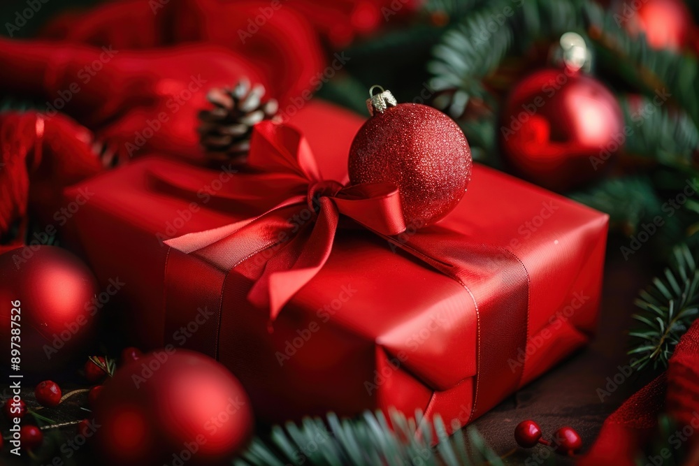 Elegant red christmas gift with a ribbon and a christmas ornament on a wooden table Elegant red christmas gift with a ribbon and a christmas ornament on a wooden table