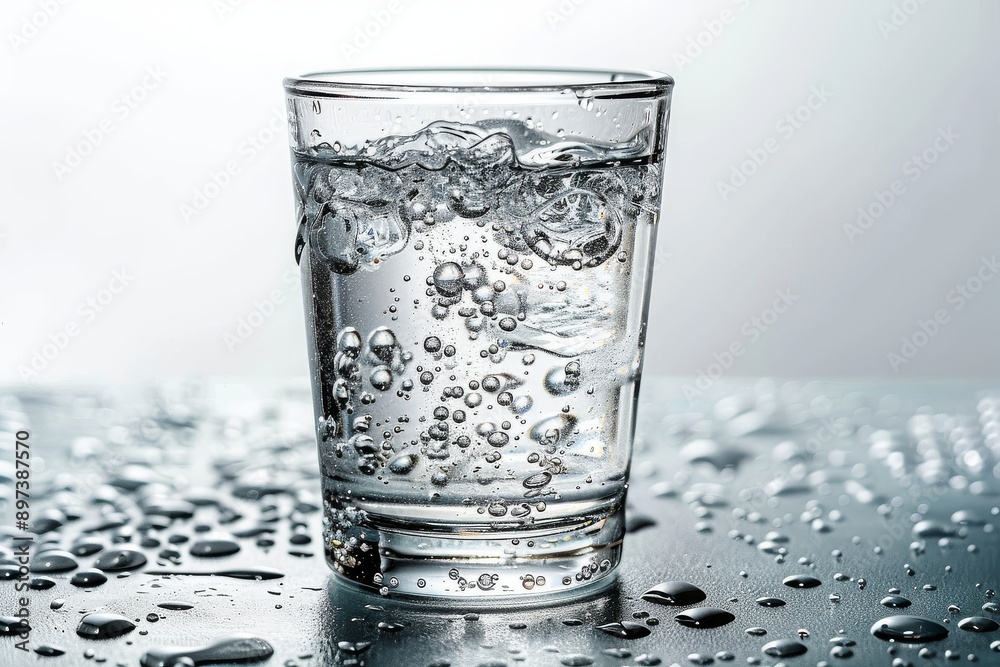 Ultra-detailed, hyper-realistic close-up of a glass of water with bubbles on the surface against a white background, captured in a studio with soft lighting. Ultra-detailed, hyper-realistic close-up of a glass of water with bubbles on the surface against a white background, captured in a studio with soft lighting.