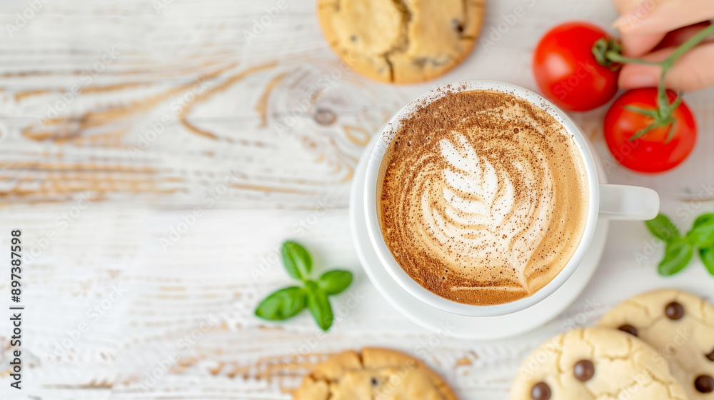 Coffee and Cookies Delight. A warm cup of coffee with latte art surrounded by fresh cookies and green basil leaves. Captivating colors and cozy ambiance Coffee and Cookies Delight. A warm cup of coffee with latte art surrounded by fresh cookies and green basil leaves. Captivating colors and cozy ambiance