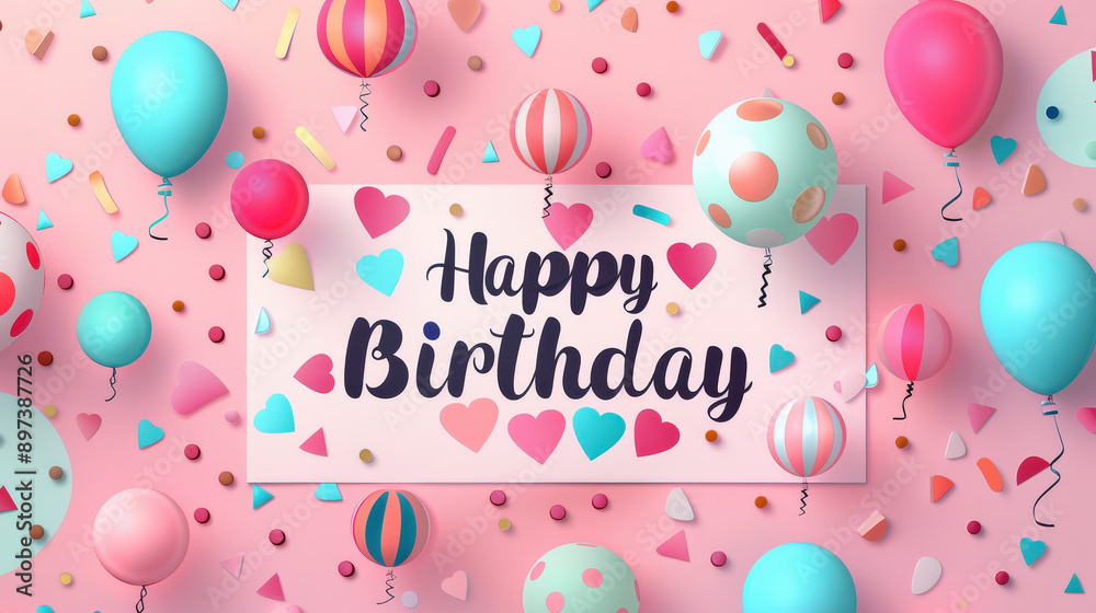 Fototapeta premium Colorful birthday card with balloons, confetti, and ribbons for a festive celebration