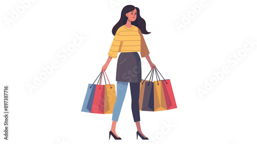 Woman with Shopping Bags  Cartoon Illustration  Transparent Background