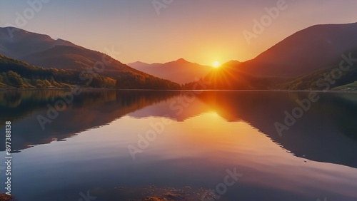 Scenic view of lake by mountains against sky during sunset