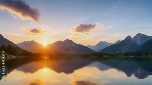 Scenic view of lake by mountains against sky during sunset