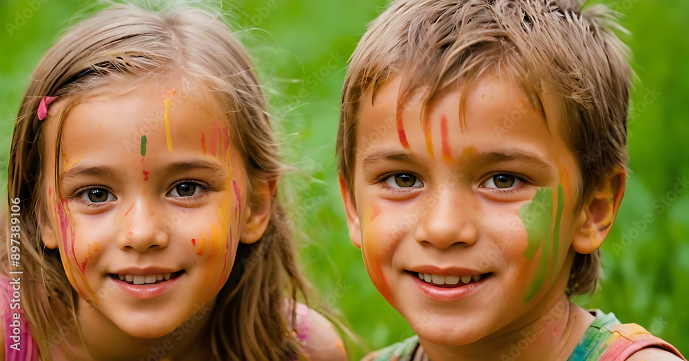 a boy and girl with their faces streaked in various colors of paint a boy and girl with their faces streaked in various colors of paint