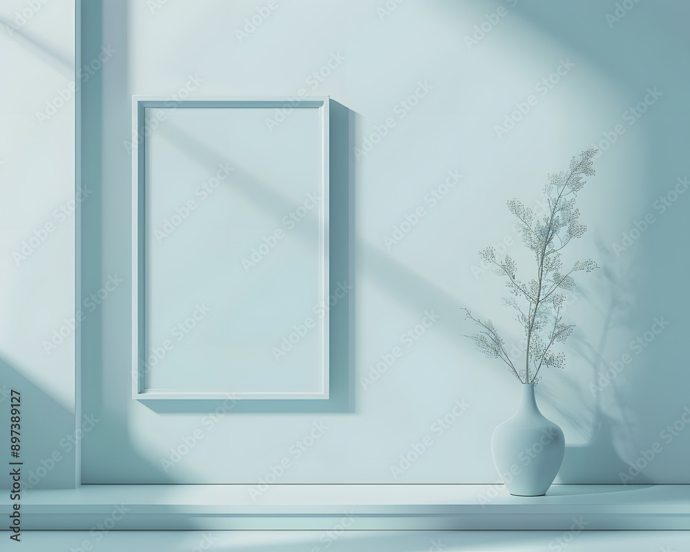 Sleek modern frame on pastel blue wall, 3D render focusing on minimalistic design and soft background Sleek modern frame on pastel blue wall, 3D render focusing on minimalistic design and soft background