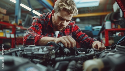 Wallpaper Mural Skilled Automotive Technician Using Diagnostic Tools at a Modern Service Center to Troubleshoot a Vehicle Issue Expert Mechanic Performing Vehicle Maintenance and Repair Services in a Well-Equipped Torontodigital.ca