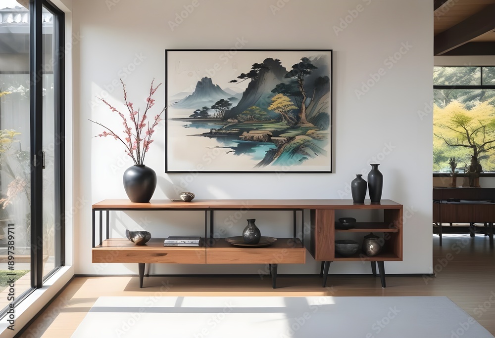 A modern living room with a tv, decoration paintings, and a tv furniture set. A modern living room with a tv, decoration paintings, and a tv furniture set.