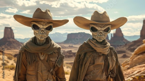 Two aliens wearing cowboy hats and clothing stand in a desert landscape. Wild West, western style © Tatsiana