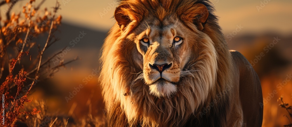 Fototapeta premium The male lion looks dashing standing on a hill, looking close