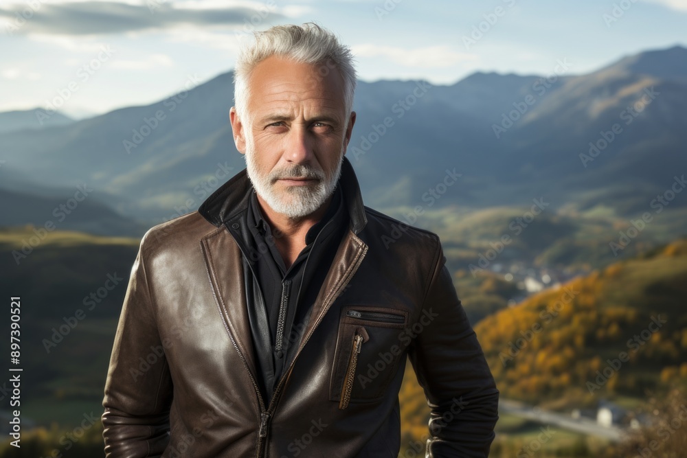 Portrait of a merry man in his 50s sporting a stylish leather blazer over panoramic mountain vista Portrait of a merry man in his 50s sporting a stylish leather blazer over panoramic mountain vista