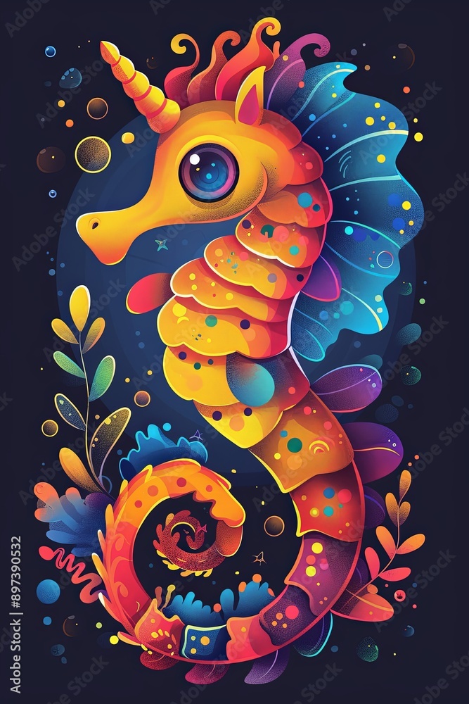 Fototapeta premium Colorful Sea Horse with Unicorn Horn in a Magical World