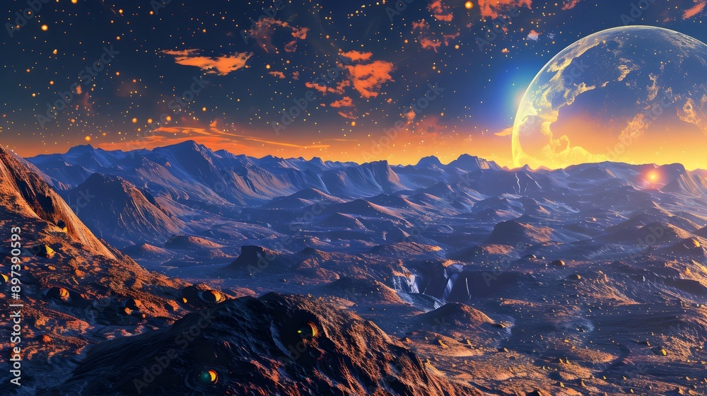 Vivid Celestial Landscape with Glowing Atmosphere and Craters Vivid Celestial Landscape with Glowing Atmosphere and Craters