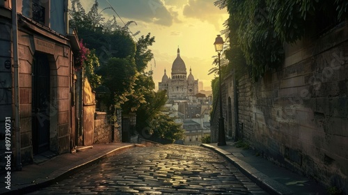 Cobblestone Street Leading to the Sacr?-C?ur Basilica in Paris photo