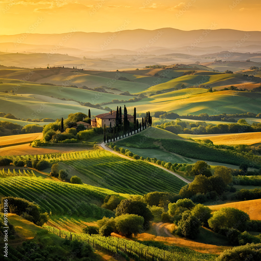 Naklejka premium a vast hilly area used for vineyards and farmhouses at sunset