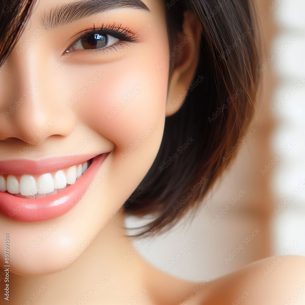 Half Portrait of a beautiful Asian girl with short hair. She has a beautiful mouth with beautiful smile, show the gleaming white teeth Half Portrait of a beautiful Asian girl with short hair. She has a beautiful mouth with beautiful smile, show the gleaming white teeth