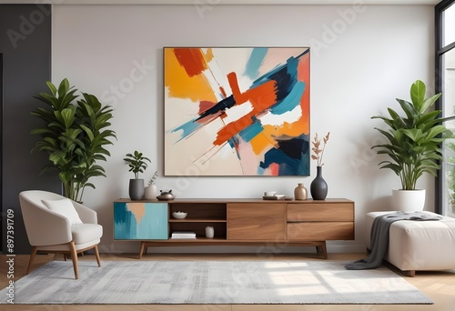 Modern living room - decoration painting with vases, lighting,  and plants. Tv furniture included.