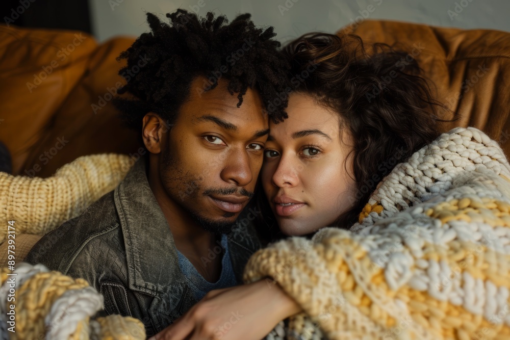 Portrait of a tender multiethnic couple in their 20s sharing a blanket on the couch Portrait of a tender multiethnic couple in their 20s sharing a blanket on the couch