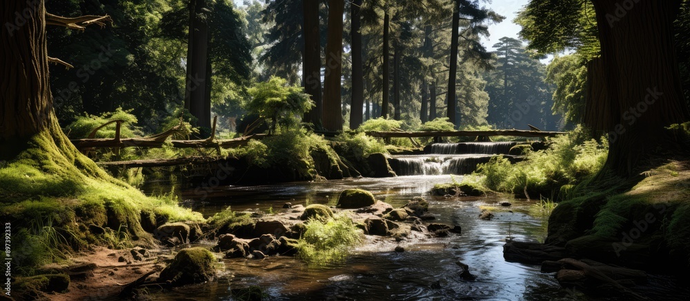 Obraz premium The waterfall in the middle is beautiful and surrounded by naturally cool trees