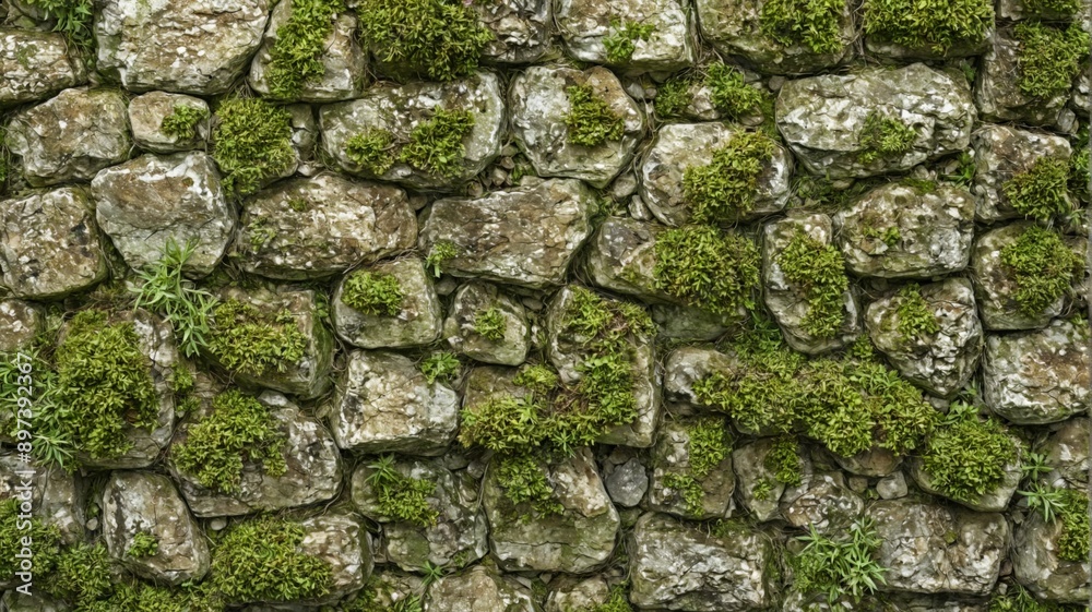Close-up stone wall covered green moss made up Stone wall covere Close-up stone wall covered green moss made up Stone wall covere