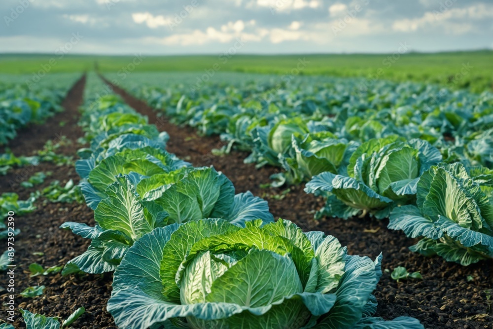 Field young cabbage plants growing neat rows are Rows of young c Field young cabbage plants growing neat rows are Rows of young c