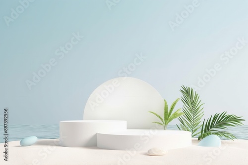 Tropical Beach Podium with Palm Leaves
