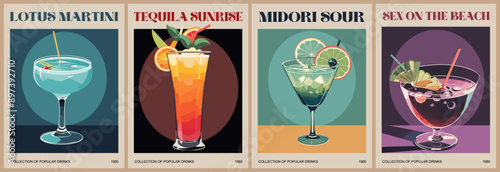 Cocktails retro poster set. Lotus Martini, Tequila Sunrise, Midori Sour, Sex on the beach colorful prints. Collection of popular alcohol drinks. Vintage vector illustrations for bar, pub, restaurant.