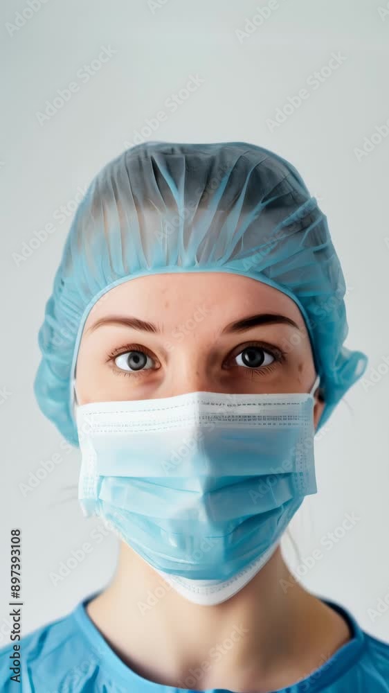 Close-up of a healthcare worker's blue eyes wearing a surgical mask and hair cover. Emphasis on protective equipment and patient safety. Ideal for medical and health-related themes Close-up of a healthcare worker's blue eyes wearing a surgical mask and hair cover. Emphasis on protective equipment and patient safety. Ideal for medical and health-related themes