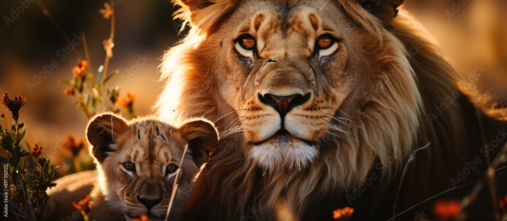 An adult lion nestles with his cub in the grass
