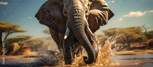 An African elephant walks swinging its trunk and spouting water under the hot sun photo