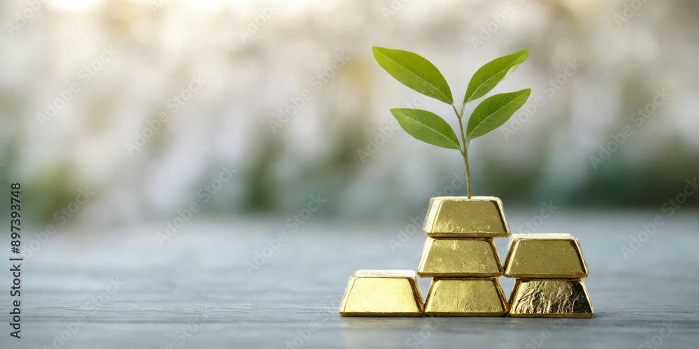 Small plant growing out stack gold bars bars Sustainable investi Small plant growing out stack gold bars bars Sustainable investi