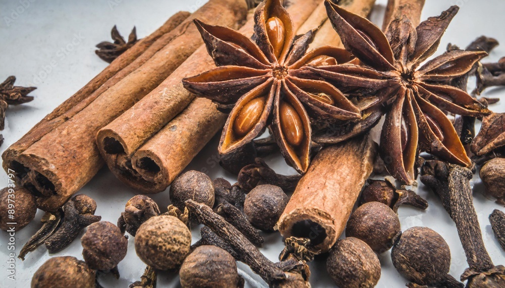 Lots of three spices for mulled wine and star anise, cinnamon and clove Lots of three spices for mulled wine and star anise, cinnamon and clove