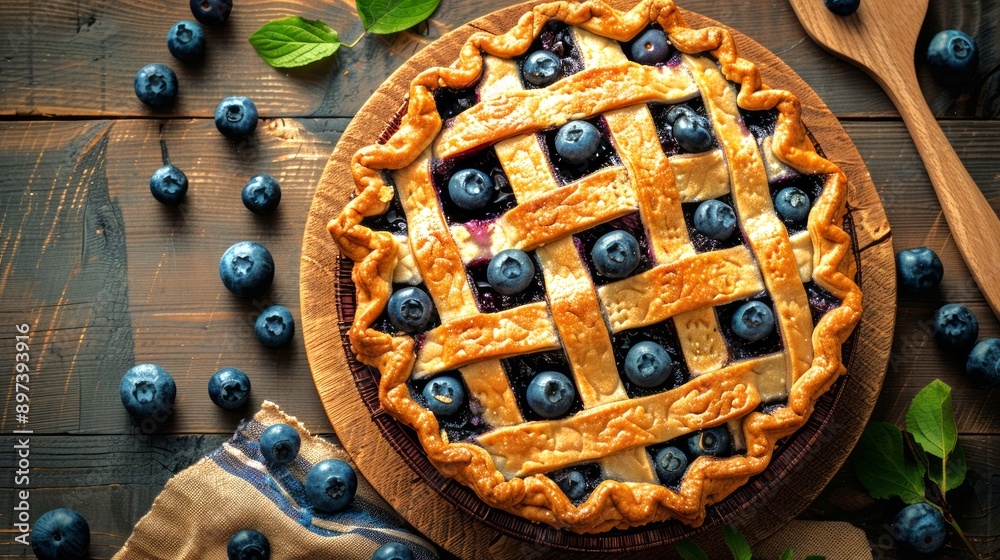 Freshly baked blueberry pie on wooden table, focus on detail. Concept of homemade dessert, baking, fruit tart Freshly baked blueberry pie on wooden table, focus on detail. Concept of homemade dessert, baking, fruit tart