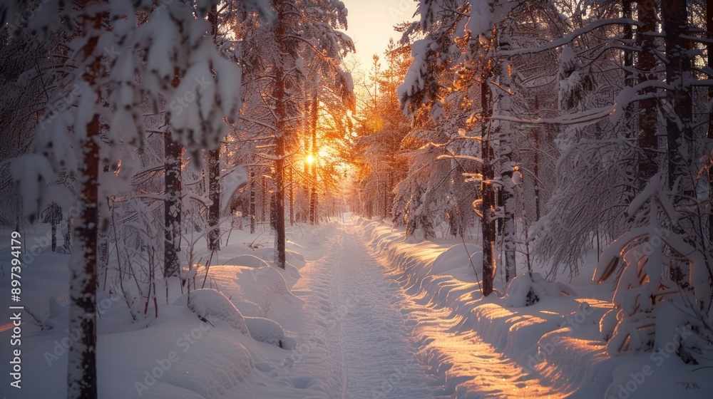 Snowy Forest Path at Sunset Snowy Forest Path at Sunset