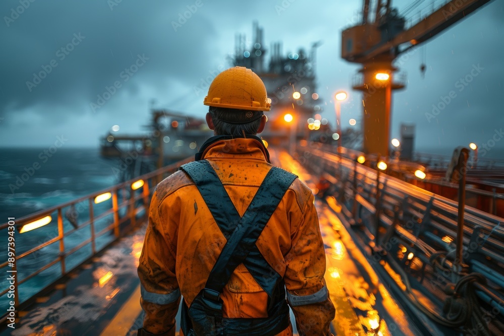 A man in a yellow jacket is standing on a pier A man in a yellow jacket is standing on a pier