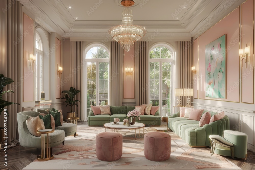 Luxurious living room with pastel decor, large windows, and soft lighting, creating a sophisticated and inviting atmosphere Luxurious living room with pastel decor, large windows, and soft lighting, creating a sophisticated and inviting atmosphere