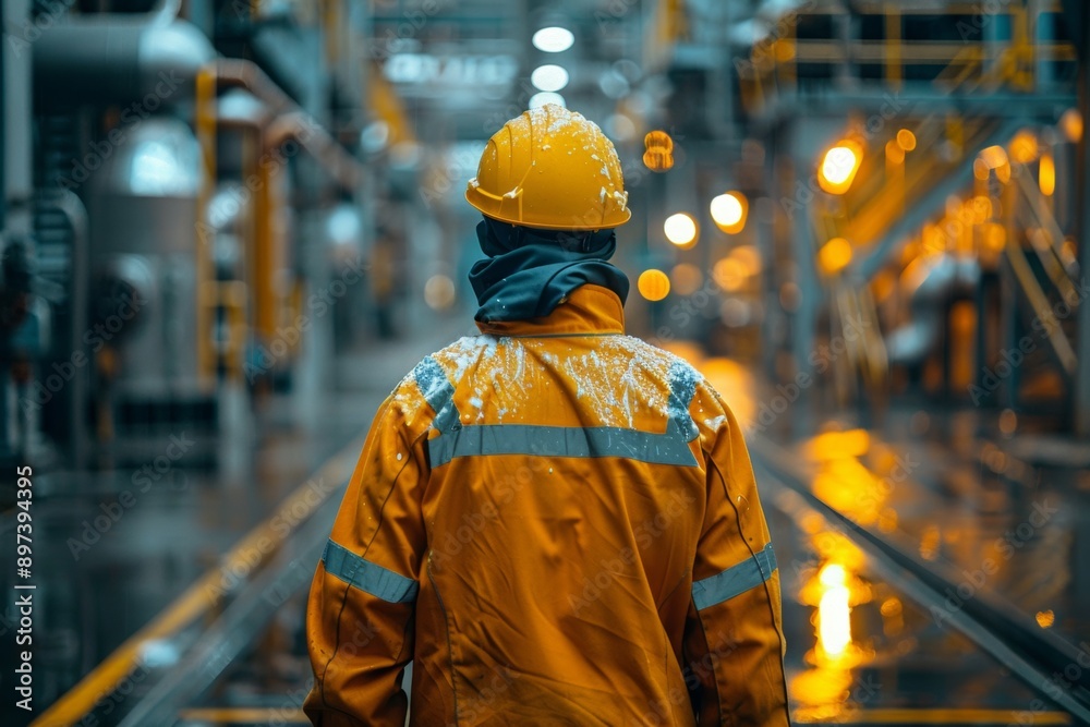 A man in a yellow jacket is walking in a wet industrial area A man in a yellow jacket is walking in a wet industrial area