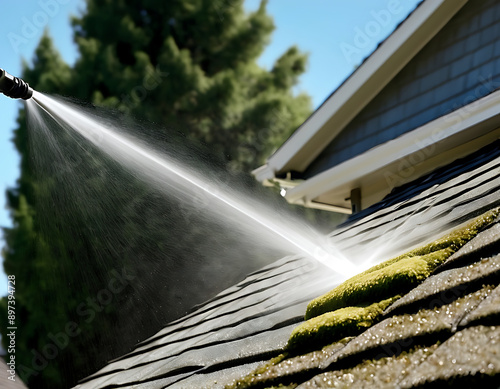 close-up view of a pressure washer nozzle spraying powerful jets of water onto a house roof