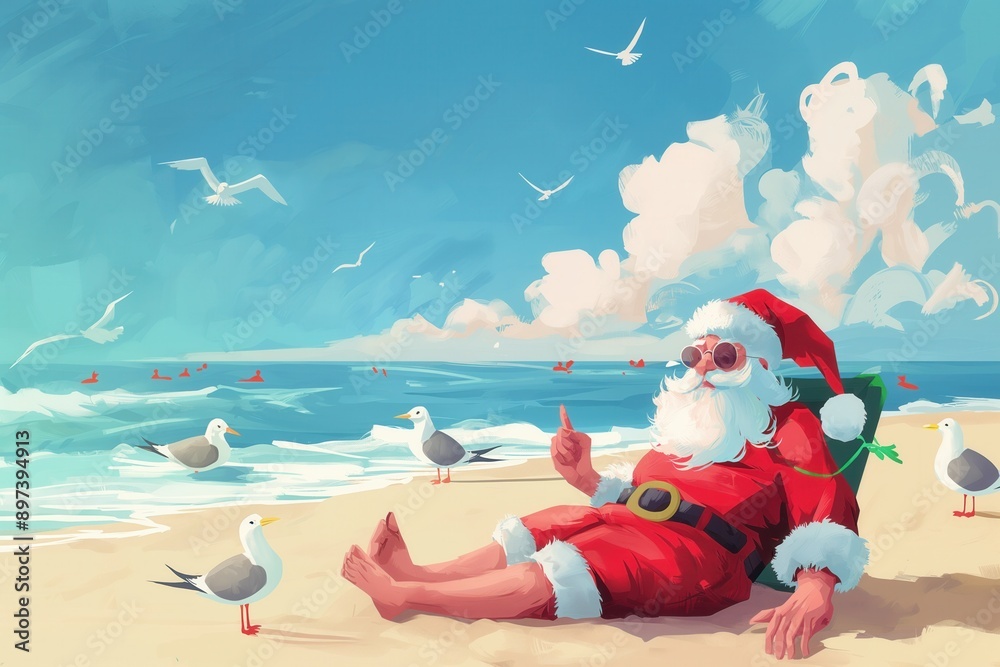 Santa Claus Relaxing on Tropical Beach, cartoon style