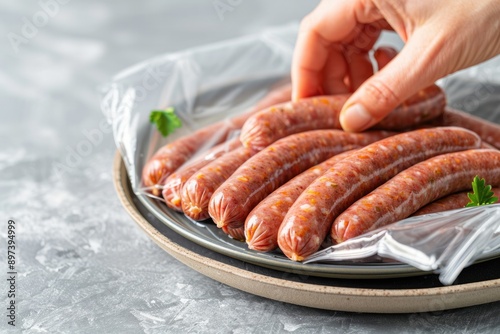 Photo of hands is taking sausages from a bag and putting them on a plate , Food contamination, Concept of Listeria outbreak, Generative AI